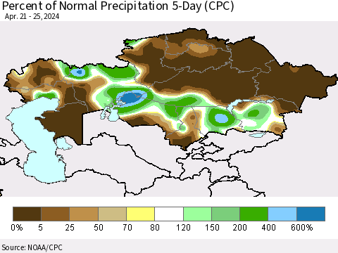 Kazakhstan Percent of Normal Precipitation 5-Day (CPC) Thematic Map For 4/21/2024 - 4/25/2024