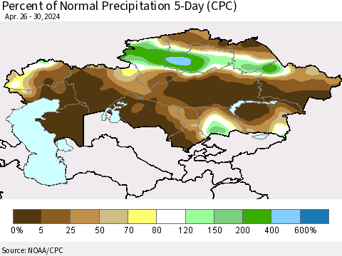 Kazakhstan Percent of Normal Precipitation 5-Day (CPC) Thematic Map For 4/26/2024 - 4/30/2024