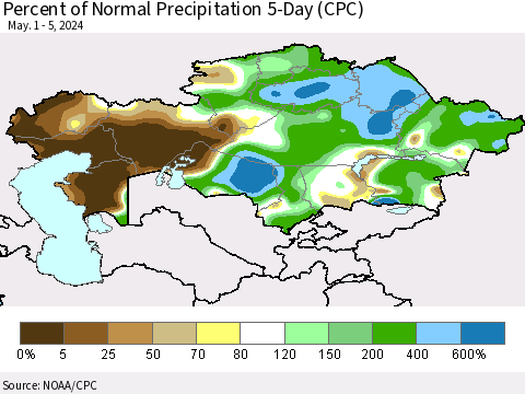Kazakhstan Percent of Normal Precipitation 5-Day (CPC) Thematic Map For 5/1/2024 - 5/5/2024
