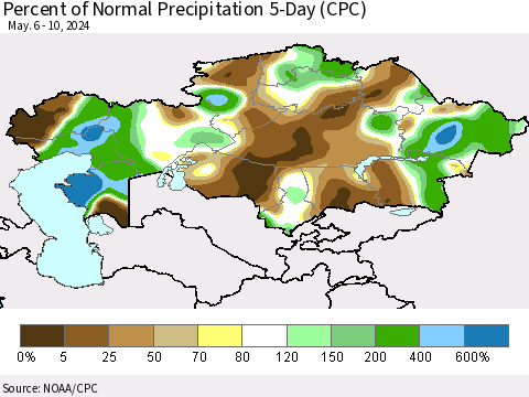 Kazakhstan Percent of Normal Precipitation 5-Day (CPC) Thematic Map For 5/6/2024 - 5/10/2024
