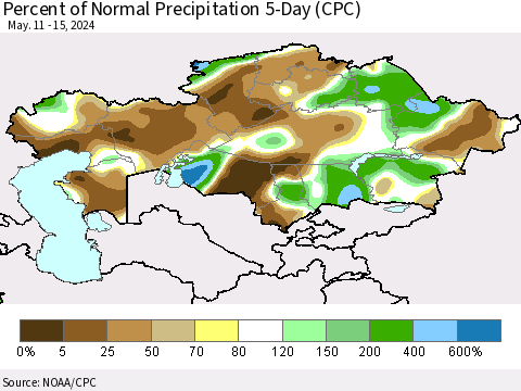 Kazakhstan Percent of Normal Precipitation 5-Day (CPC) Thematic Map For 5/11/2024 - 5/15/2024
