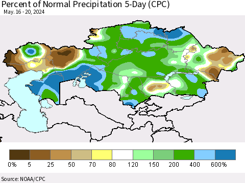Kazakhstan Percent of Normal Precipitation 5-Day (CPC) Thematic Map For 5/16/2024 - 5/20/2024