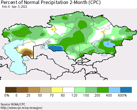 Kazakhstan Percent of Normal Precipitation 2-Month (CPC) Thematic Map For 2/6/2021 - 4/5/2021