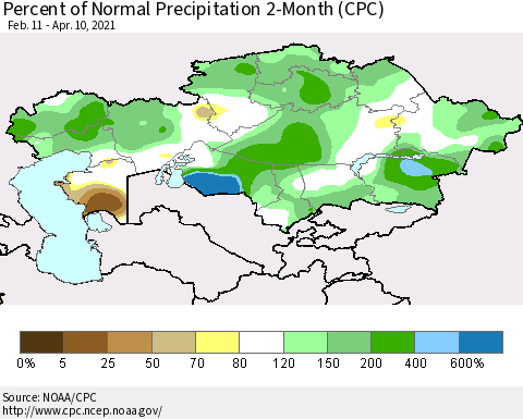 Kazakhstan Percent of Normal Precipitation 2-Month (CPC) Thematic Map For 2/11/2021 - 4/10/2021