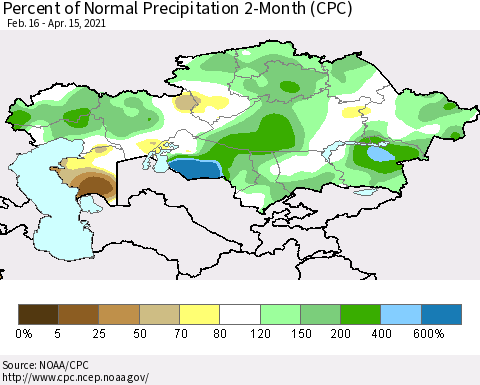 Kazakhstan Percent of Normal Precipitation 2-Month (CPC) Thematic Map For 2/16/2021 - 4/15/2021