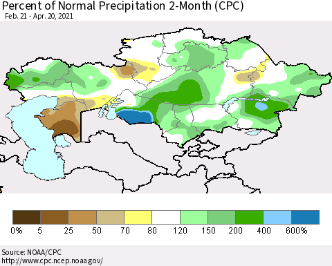 Kazakhstan Percent of Normal Precipitation 2-Month (CPC) Thematic Map For 2/21/2021 - 4/20/2021