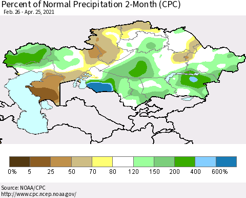 Kazakhstan Percent of Normal Precipitation 2-Month (CPC) Thematic Map For 2/26/2021 - 4/25/2021