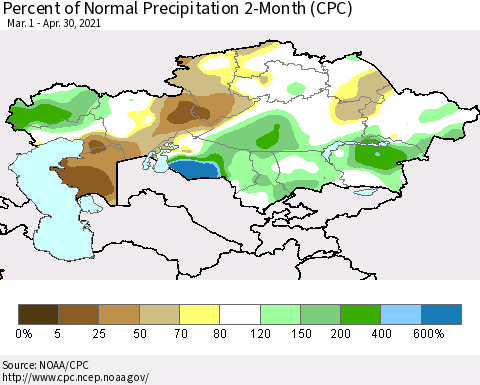 Kazakhstan Percent of Normal Precipitation 2-Month (CPC) Thematic Map For 3/1/2021 - 4/30/2021