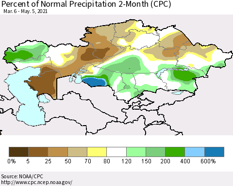 Kazakhstan Percent of Normal Precipitation 2-Month (CPC) Thematic Map For 3/6/2021 - 5/5/2021