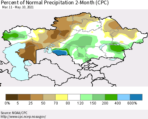 Kazakhstan Percent of Normal Precipitation 2-Month (CPC) Thematic Map For 3/11/2021 - 5/10/2021