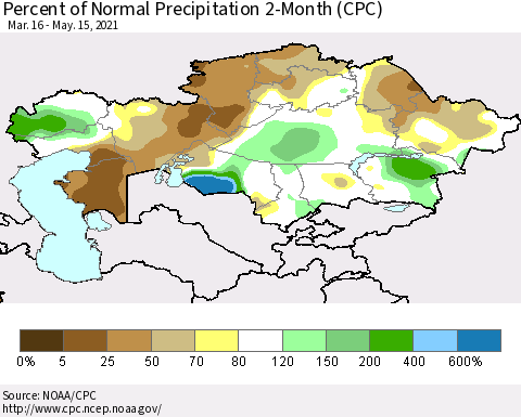 Kazakhstan Percent of Normal Precipitation 2-Month (CPC) Thematic Map For 3/16/2021 - 5/15/2021