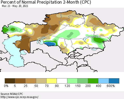 Kazakhstan Percent of Normal Precipitation 2-Month (CPC) Thematic Map For 3/21/2021 - 5/20/2021