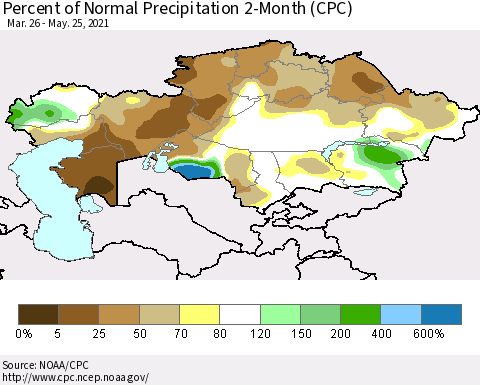 Kazakhstan Percent of Normal Precipitation 2-Month (CPC) Thematic Map For 3/26/2021 - 5/25/2021