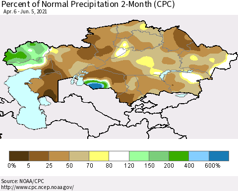 Kazakhstan Percent of Normal Precipitation 2-Month (CPC) Thematic Map For 4/6/2021 - 6/5/2021