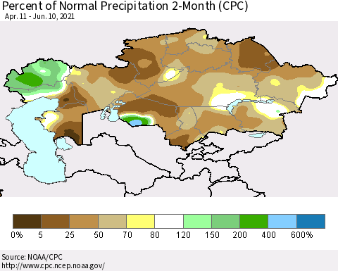 Kazakhstan Percent of Normal Precipitation 2-Month (CPC) Thematic Map For 4/11/2021 - 6/10/2021