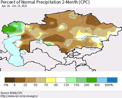 Kazakhstan Percent of Normal Precipitation 2-Month (CPC) Thematic Map For 4/16/2021 - 6/15/2021