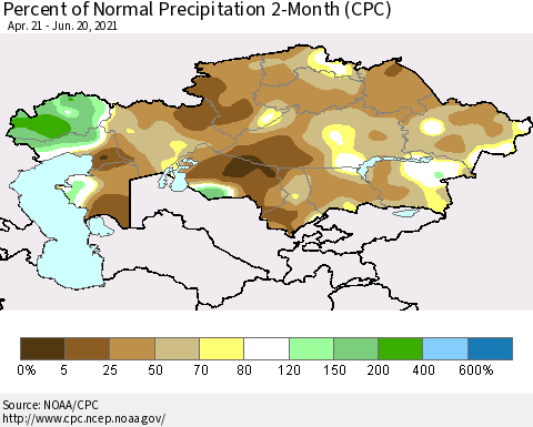Kazakhstan Percent of Normal Precipitation 2-Month (CPC) Thematic Map For 4/21/2021 - 6/20/2021
