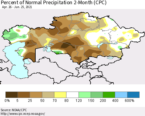 Kazakhstan Percent of Normal Precipitation 2-Month (CPC) Thematic Map For 4/26/2021 - 6/25/2021