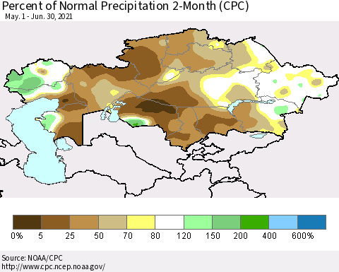 Kazakhstan Percent of Normal Precipitation 2-Month (CPC) Thematic Map For 5/1/2021 - 6/30/2021