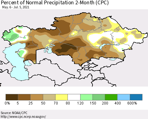 Kazakhstan Percent of Normal Precipitation 2-Month (CPC) Thematic Map For 5/6/2021 - 7/5/2021