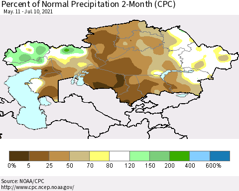 Kazakhstan Percent of Normal Precipitation 2-Month (CPC) Thematic Map For 5/11/2021 - 7/10/2021