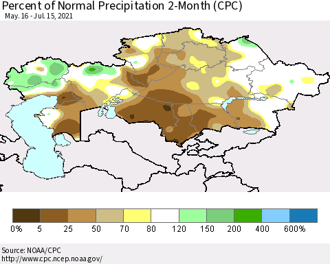 Kazakhstan Percent of Normal Precipitation 2-Month (CPC) Thematic Map For 5/16/2021 - 7/15/2021