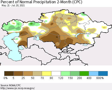 Kazakhstan Percent of Normal Precipitation 2-Month (CPC) Thematic Map For 5/21/2021 - 7/20/2021