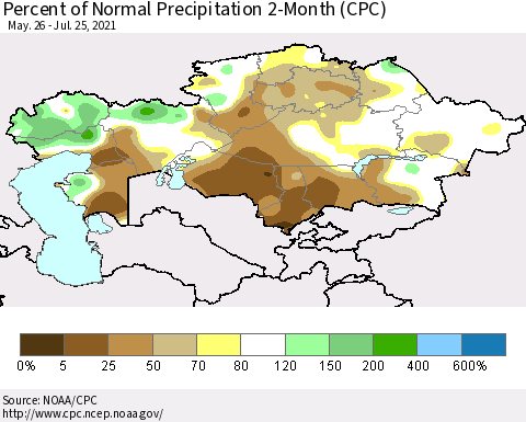 Kazakhstan Percent of Normal Precipitation 2-Month (CPC) Thematic Map For 5/26/2021 - 7/25/2021