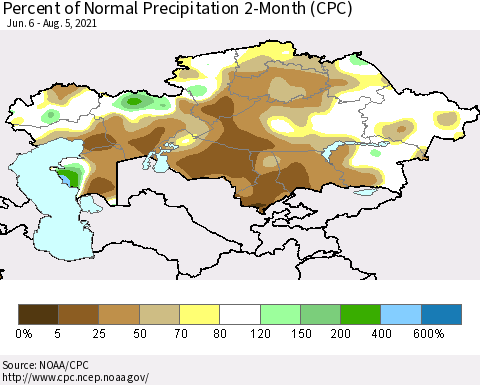 Kazakhstan Percent of Normal Precipitation 2-Month (CPC) Thematic Map For 6/6/2021 - 8/5/2021