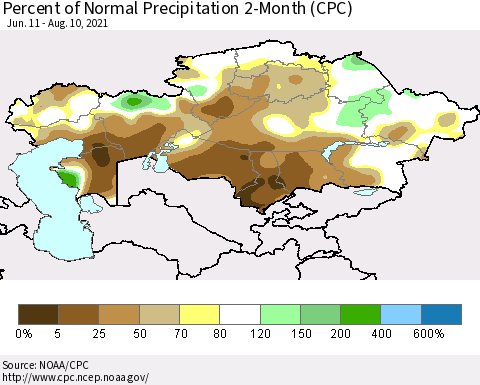 Kazakhstan Percent of Normal Precipitation 2-Month (CPC) Thematic Map For 6/11/2021 - 8/10/2021