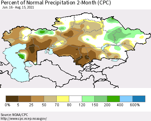 Kazakhstan Percent of Normal Precipitation 2-Month (CPC) Thematic Map For 6/16/2021 - 8/15/2021