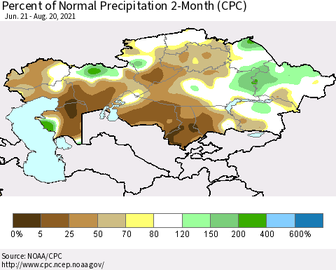 Kazakhstan Percent of Normal Precipitation 2-Month (CPC) Thematic Map For 6/21/2021 - 8/20/2021