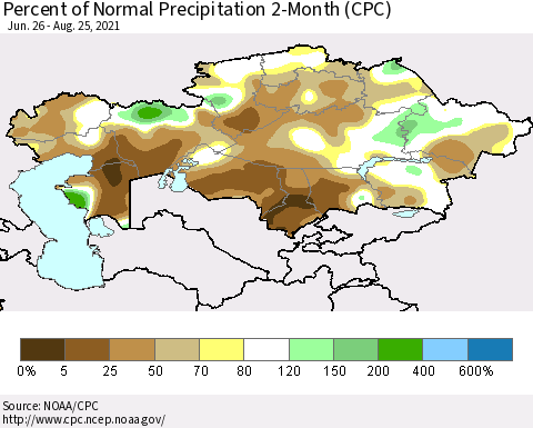Kazakhstan Percent of Normal Precipitation 2-Month (CPC) Thematic Map For 6/26/2021 - 8/25/2021