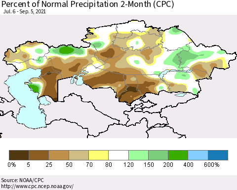 Kazakhstan Percent of Normal Precipitation 2-Month (CPC) Thematic Map For 7/6/2021 - 9/5/2021