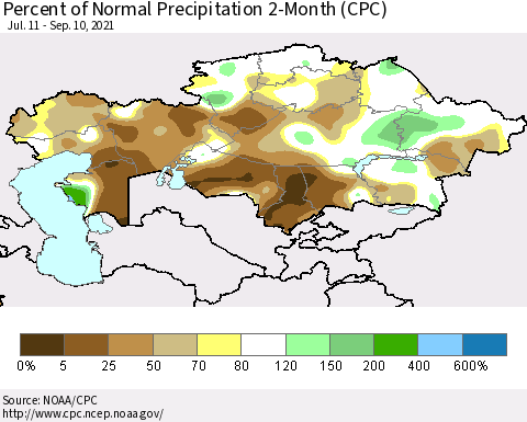 Kazakhstan Percent of Normal Precipitation 2-Month (CPC) Thematic Map For 7/11/2021 - 9/10/2021