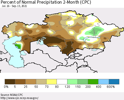 Kazakhstan Percent of Normal Precipitation 2-Month (CPC) Thematic Map For 7/16/2021 - 9/15/2021