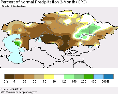Kazakhstan Percent of Normal Precipitation 2-Month (CPC) Thematic Map For 7/21/2021 - 9/20/2021