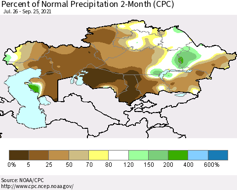 Kazakhstan Percent of Normal Precipitation 2-Month (CPC) Thematic Map For 7/26/2021 - 9/25/2021