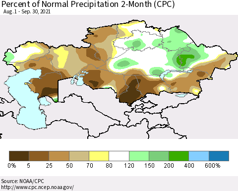 Kazakhstan Percent of Normal Precipitation 2-Month (CPC) Thematic Map For 8/1/2021 - 9/30/2021