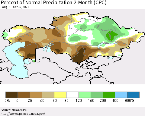 Kazakhstan Percent of Normal Precipitation 2-Month (CPC) Thematic Map For 8/6/2021 - 10/5/2021