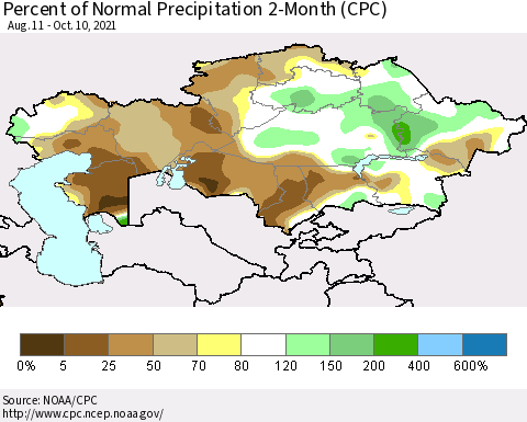 Kazakhstan Percent of Normal Precipitation 2-Month (CPC) Thematic Map For 8/11/2021 - 10/10/2021