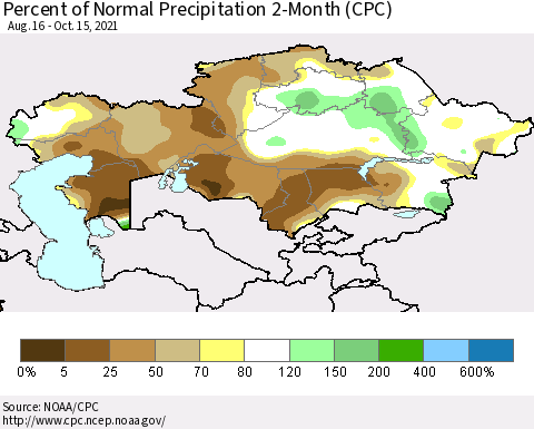 Kazakhstan Percent of Normal Precipitation 2-Month (CPC) Thematic Map For 8/16/2021 - 10/15/2021