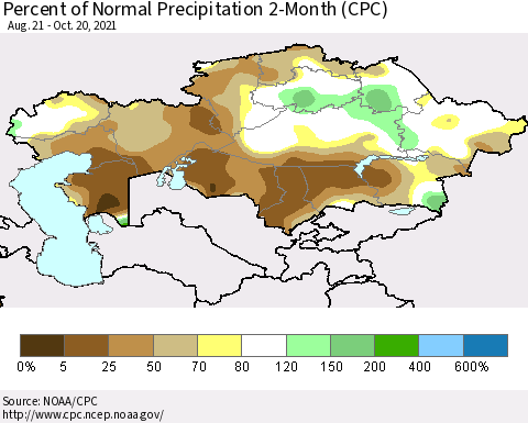 Kazakhstan Percent of Normal Precipitation 2-Month (CPC) Thematic Map For 8/21/2021 - 10/20/2021