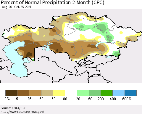 Kazakhstan Percent of Normal Precipitation 2-Month (CPC) Thematic Map For 8/26/2021 - 10/25/2021