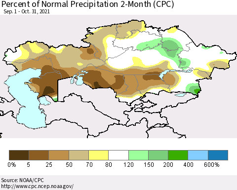 Kazakhstan Percent of Normal Precipitation 2-Month (CPC) Thematic Map For 9/1/2021 - 10/31/2021