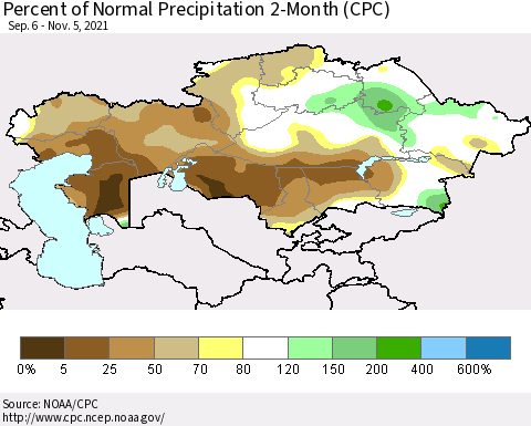 Kazakhstan Percent of Normal Precipitation 2-Month (CPC) Thematic Map For 9/6/2021 - 11/5/2021