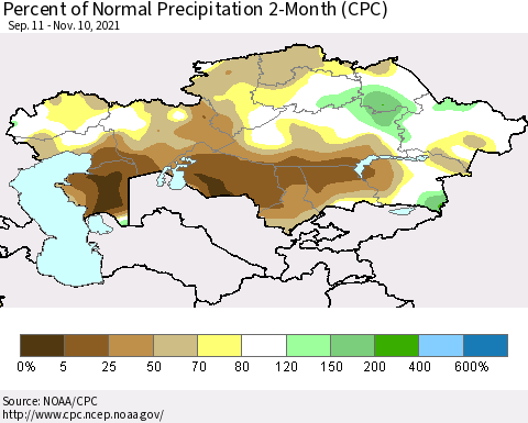 Kazakhstan Percent of Normal Precipitation 2-Month (CPC) Thematic Map For 9/11/2021 - 11/10/2021