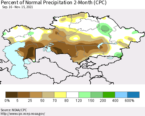Kazakhstan Percent of Normal Precipitation 2-Month (CPC) Thematic Map For 9/16/2021 - 11/15/2021