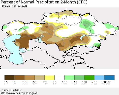 Kazakhstan Percent of Normal Precipitation 2-Month (CPC) Thematic Map For 9/21/2021 - 11/20/2021