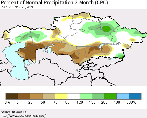 Kazakhstan Percent of Normal Precipitation 2-Month (CPC) Thematic Map For 9/26/2021 - 11/25/2021